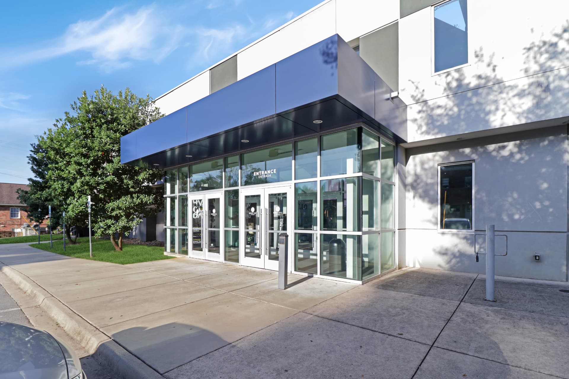 Glass main entrance of the modern education building