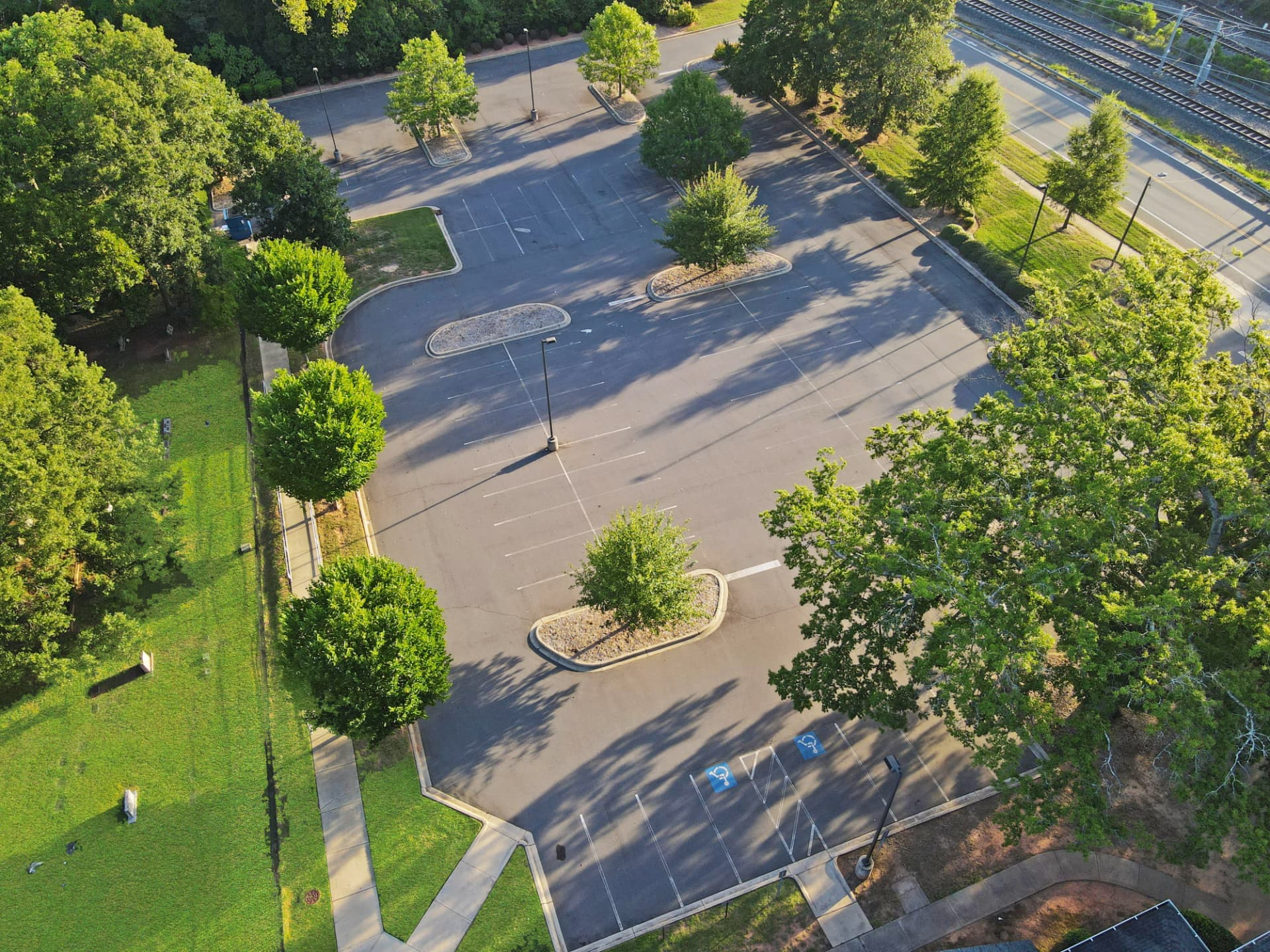 Aerial view of the on-site parking field and landscaped islands