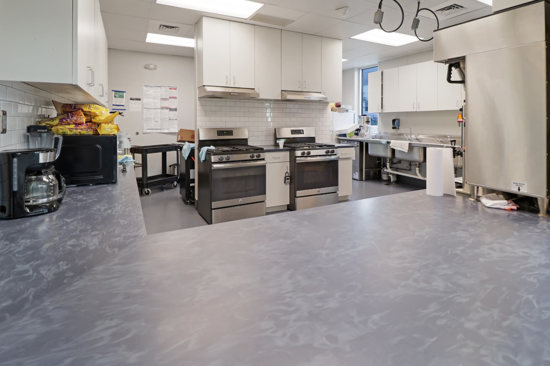 Commercial-style kitchen with ranges and stainless sinks